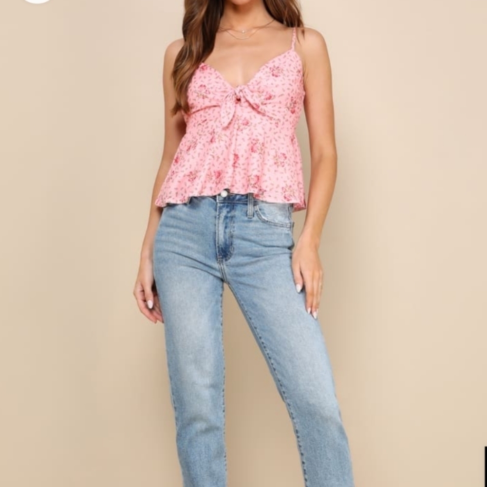 Lulus Pink Floral Tie-Front Cami Top XS Flowy Peplum Summer Tank NWT